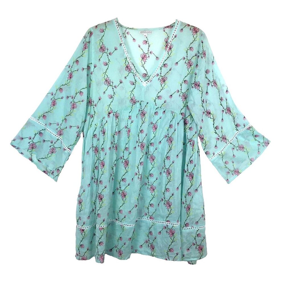 Debbie Katz South Beach Dress Cover Up Floral Aqua Crochet Wide Sleeve Size XL